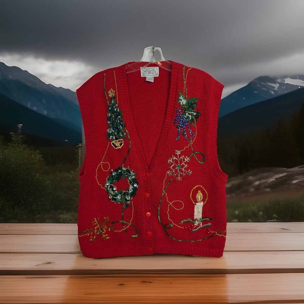 Vintage Casual Corner Button-Up Christmas Sweater Vest Women's M Red Embroidered
